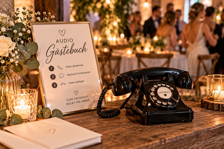 Audio-Gästebuch auf einem Hochzeitstisch: schwarzes Wählscheibentelefon und Schild mit den drei Schritten Hörer abnehmen, Nachricht hinterlassen, Hörer auflegen