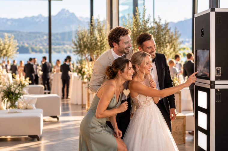 Hochzeitsgäste und Brautpaar lachen vor der Fotobox in einem Festsaal mit Blick auf See und Berge