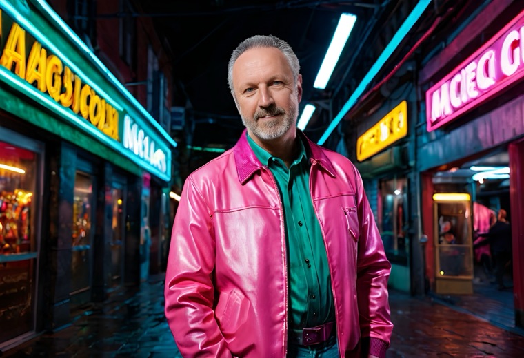 Gast im pinken Sakko vor Neonlichtern der 80er Jahre, erstellt von der KI-Fotobox