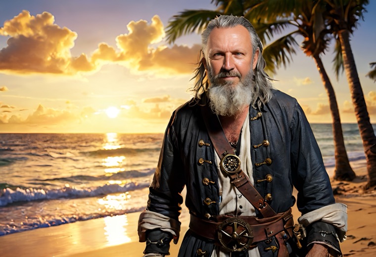 Gast als Pirat am Strand bei Sonnenuntergang, erstellt von der KI-Fotobox