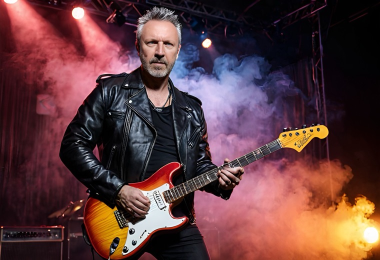 Gast als Rockstar mit E-Gitarre auf der Bühne, erstellt von der KI-Fotobox