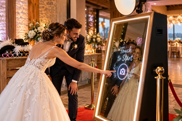 Brautpaar vor dem Magic Mirror, dem Fotospiegel mit Touchscreen «Touch to Start» und Requisiten im Hintergrund