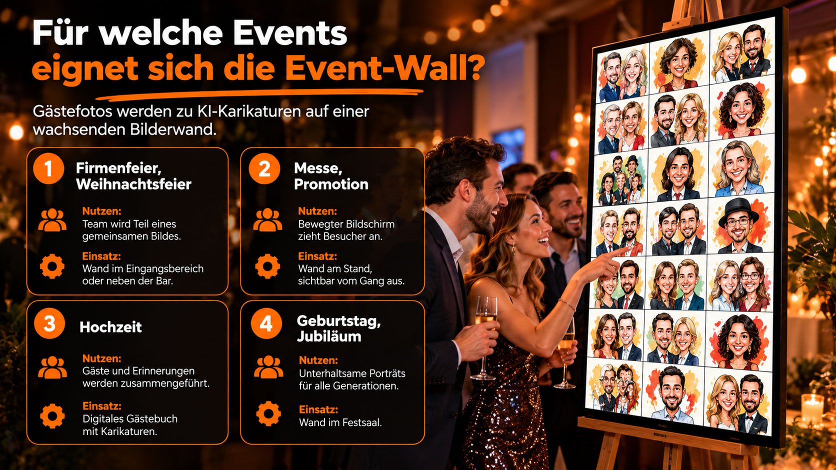 Vier Einsatzmöglichkeiten der Event-Wall mit KI-Karikaturen für Firmenfeiern, Messen, Hochzeiten und Geburtstage.
