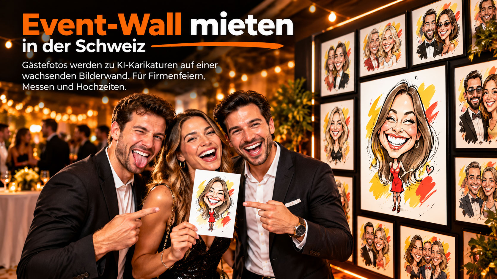 Event-Wall mit KI-Karikaturen auf einem Bildschirm im Hochformat auf einer Staffelei bei einer Veranstaltung in der Schweiz.
