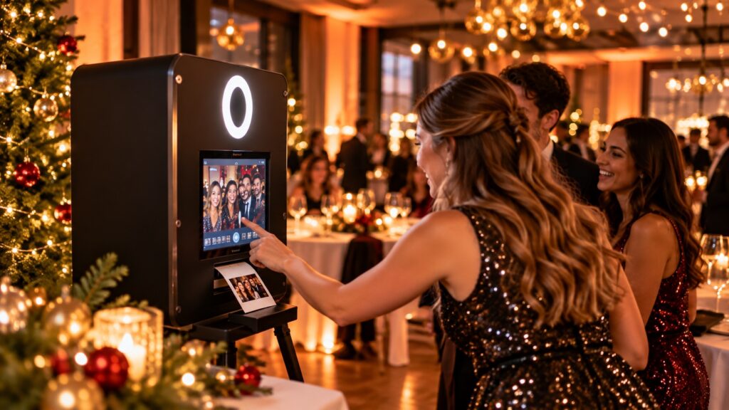 Eine Besucherin bedient an einer Weihnachtsfeier die Fotobox mit Touchscreen und Sofortdruck.