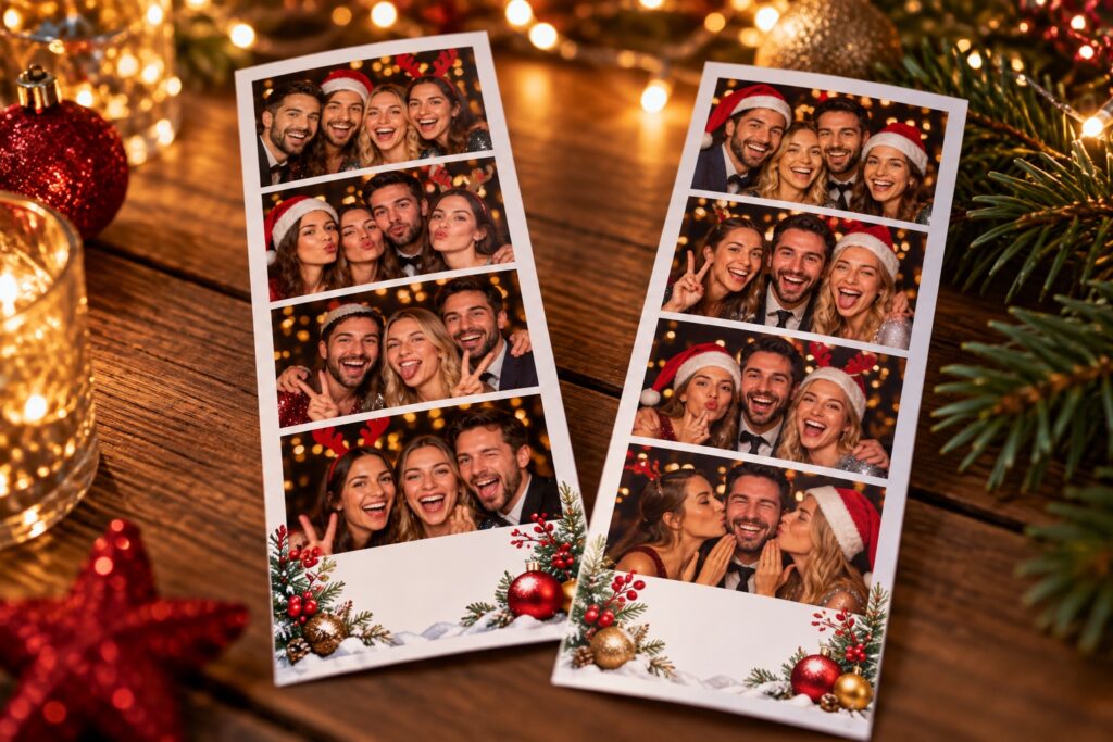 Zwei Fotostreifen mit weihnachtlichem Drucklayout und Platz für ein Firmenlogo.